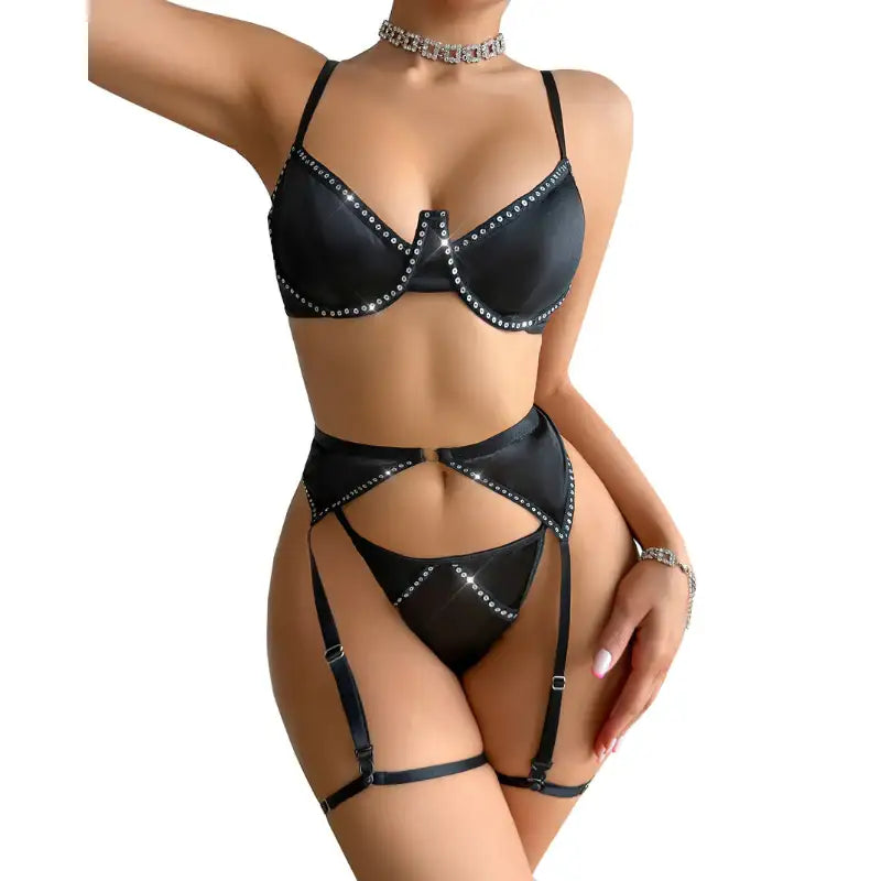 Bra Set - 3 Pcs Black Shining Lingerie Set with Garter - Frisky Business Adult Sex Toys Shop