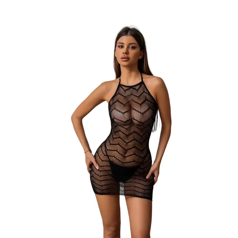 Bodystocking - 1 Pc Sexy Black Backless Fishnet Short Dress Lingerie - Frisky Business Adult Sex Toys Shop
