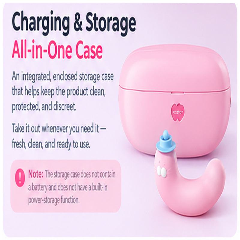 KISSTOY charging and storage graphic showing the vibrator and all-in-one storage case.