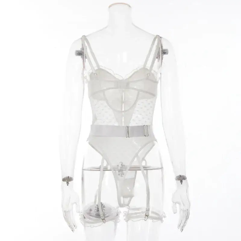Teddy - 1 Pc White Lace Sexy Female Lingerie with Ruffled Straps and Leg Garter - Frisky Business Adult Sex Toys Shop