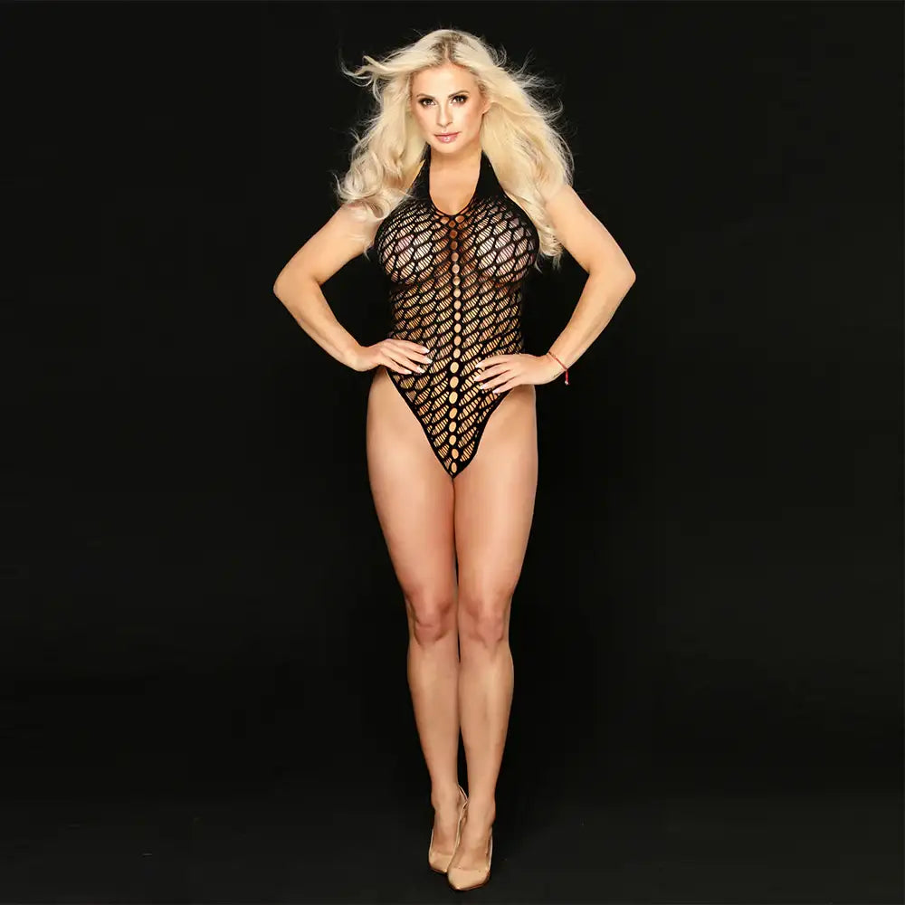 Bodystocking - 1 Pc Lady Black Nylon Backless Sexy Hight Cut Fishnet Lingerie - Frisky Business Adult Sex Toys Shop