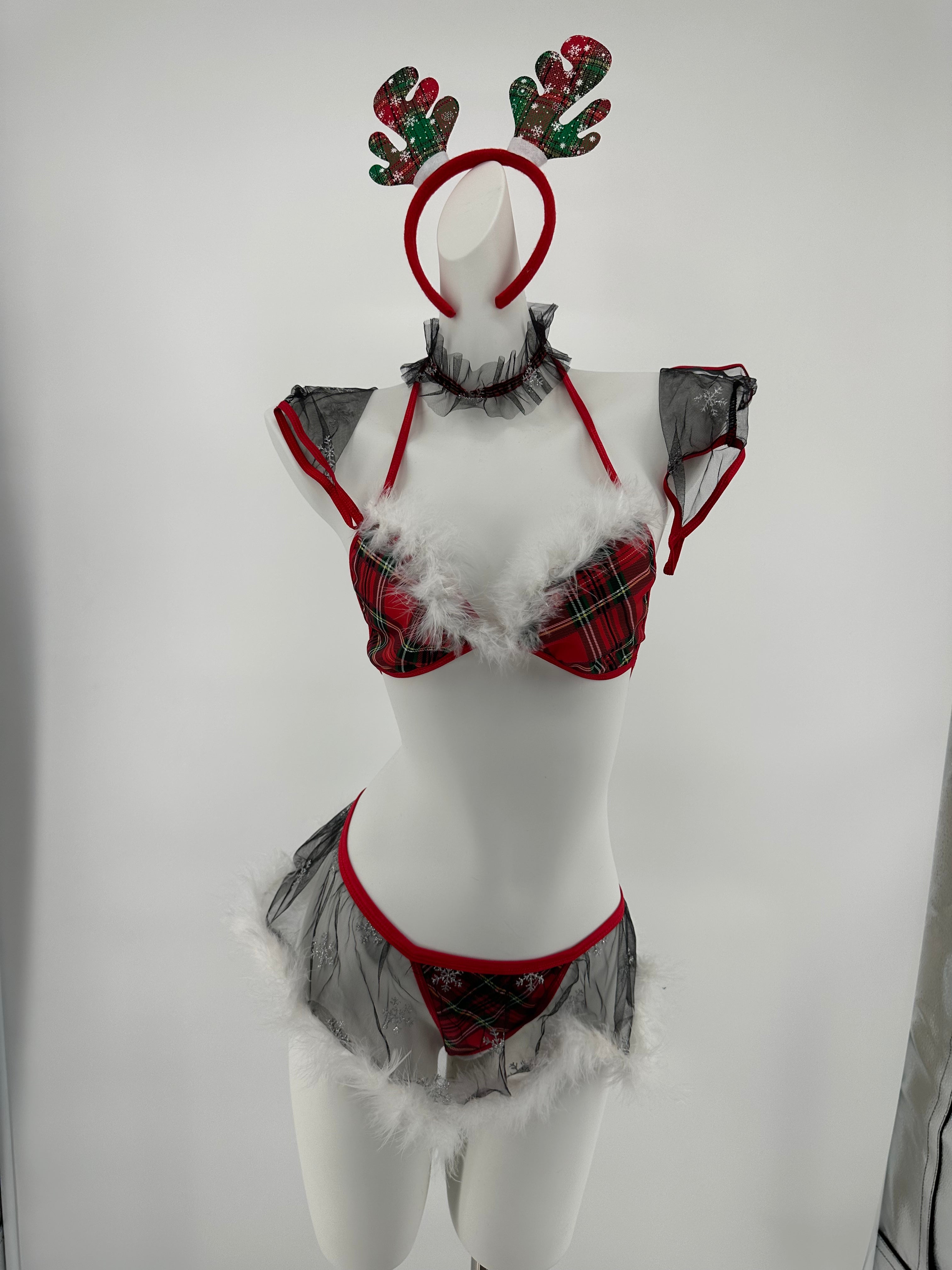 Bra Set - 5 Pcs Christmas Lady Sexy Lingerie with Headwear and Gloves