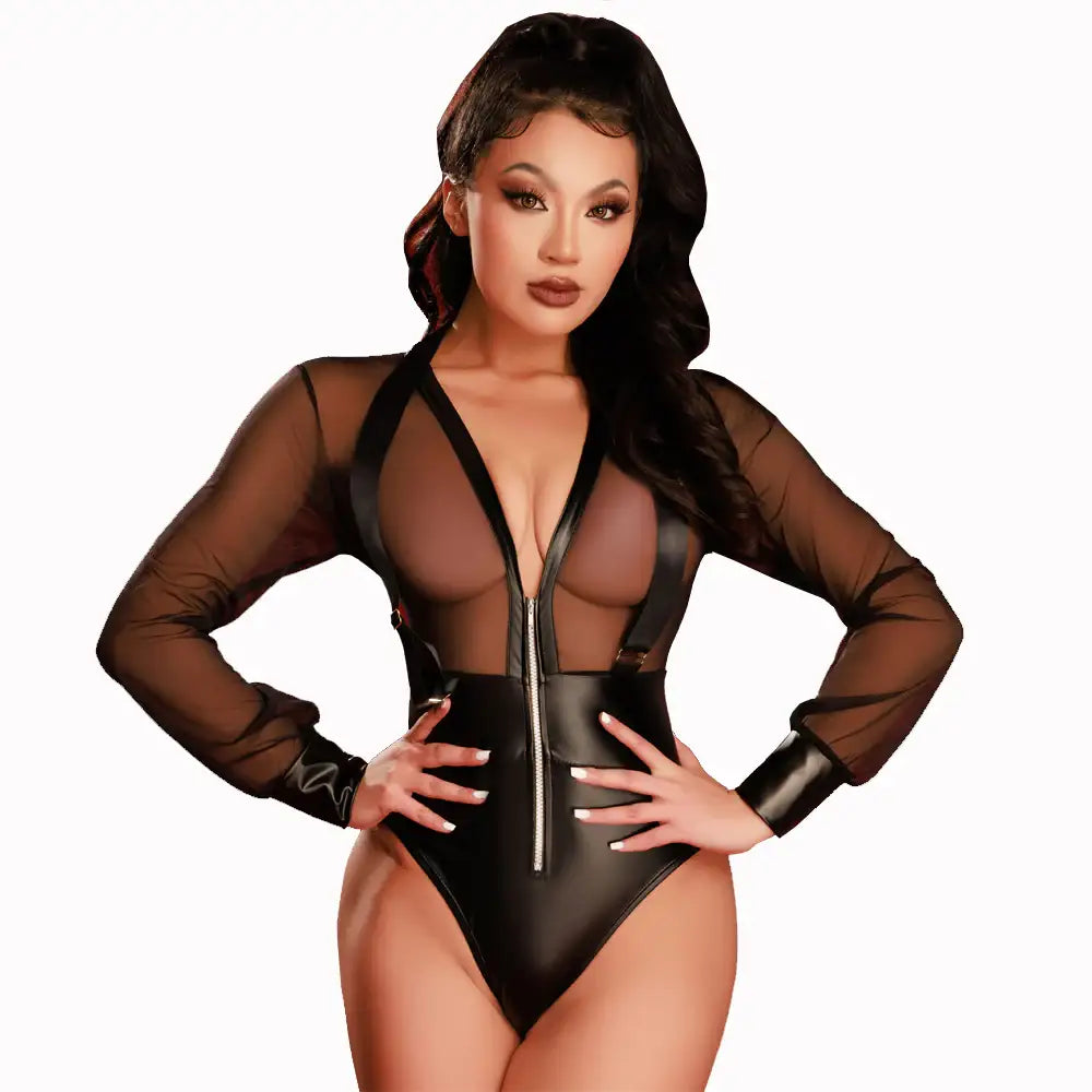 Teddy - 1 Pc Semi Transparent Deep V Black Lingerie - Frisky Business Adult Sex Toys Shop