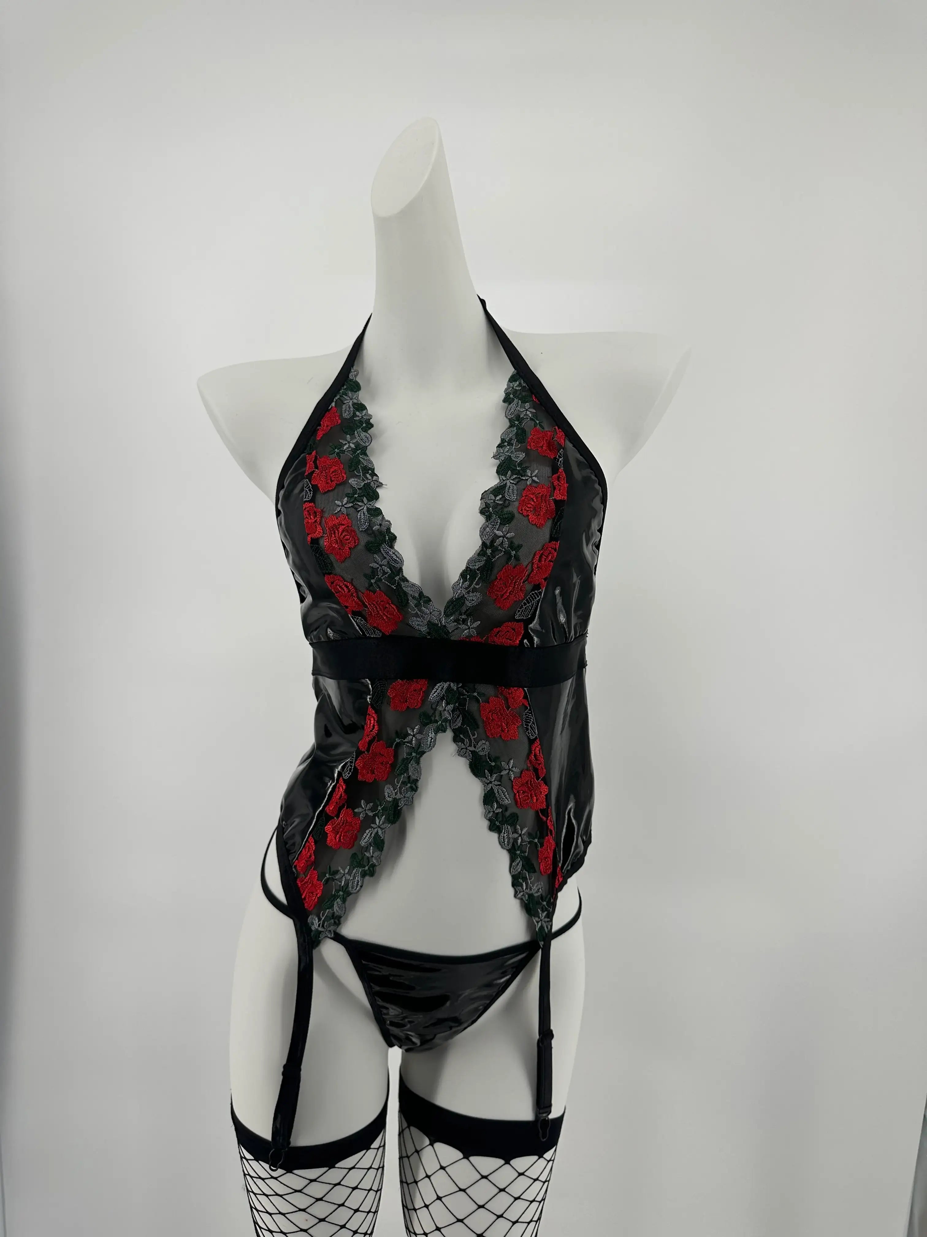 Teddy - 3 Pcs Rose PU Leather Backless Sexy Lingerie with Thongs and Stockings - Frisky Business Adult Sex Toys Shop