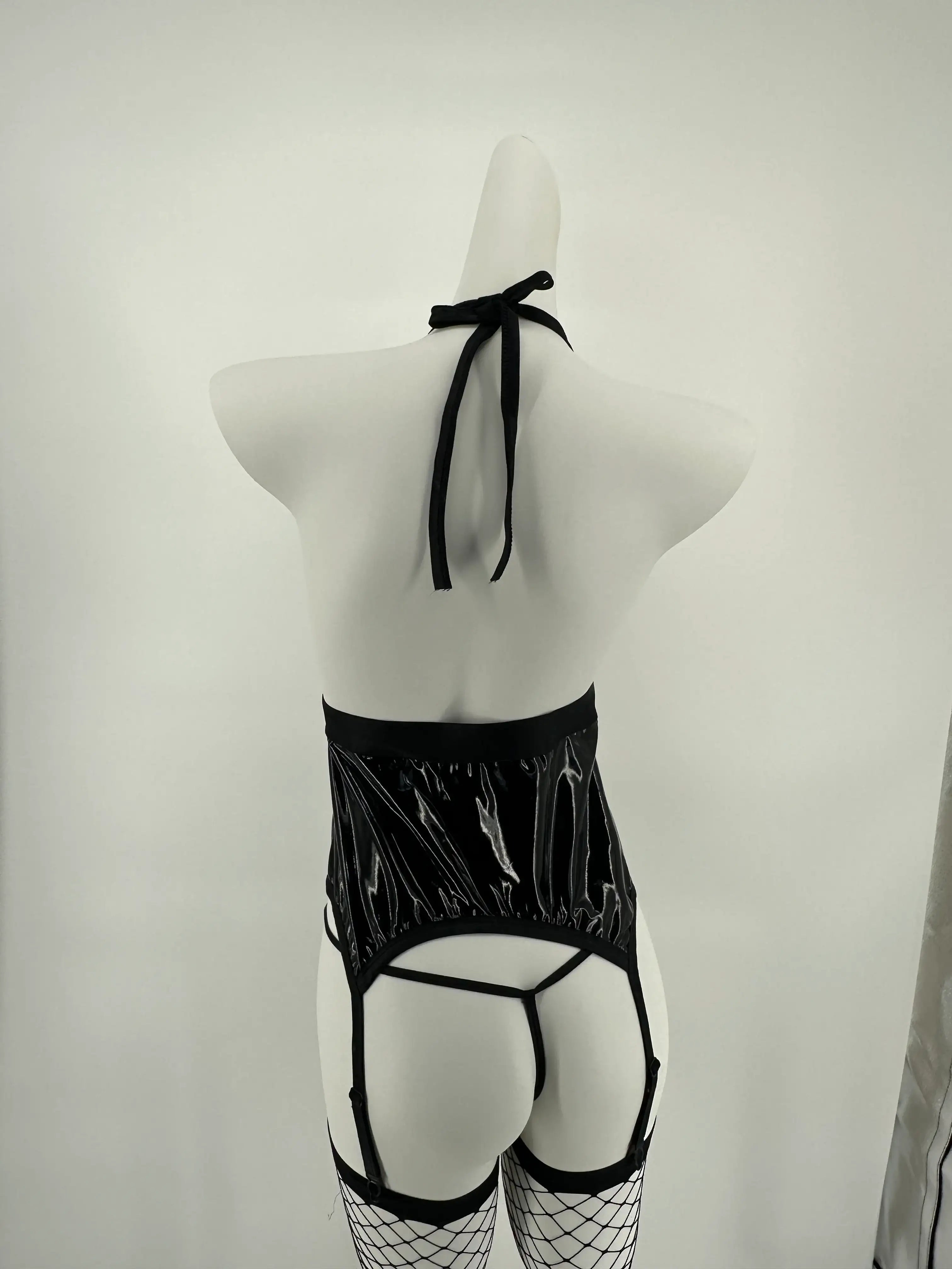 Teddy - 3 Pcs Rose PU Leather Backless Sexy Lingerie with Thongs and Stockings - Frisky Business Adult Sex Toys Shop