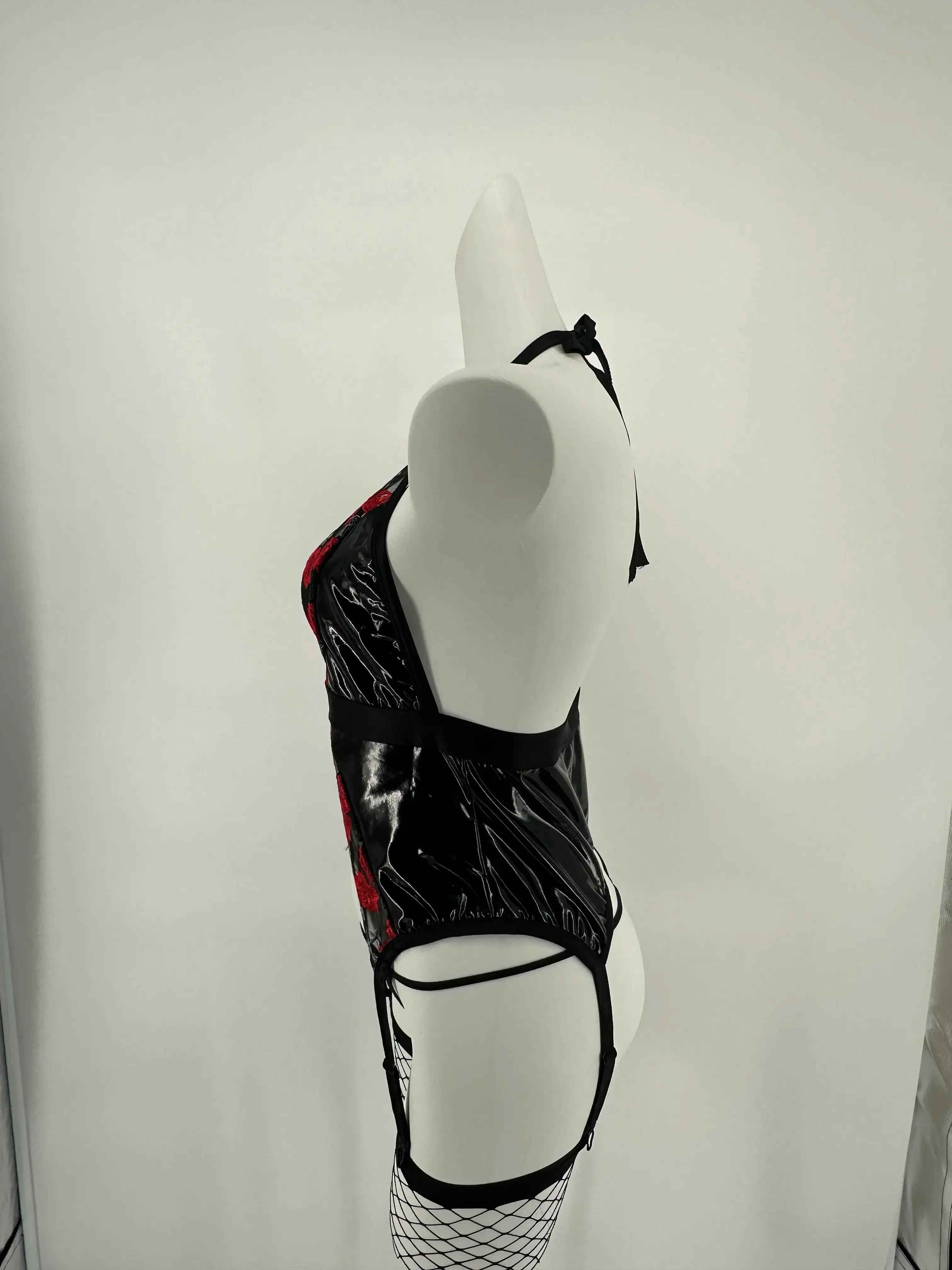 Teddy - 3 Pcs Rose PU Leather Backless Sexy Lingerie with Thongs and Stockings - Frisky Business Adult Sex Toys Shop