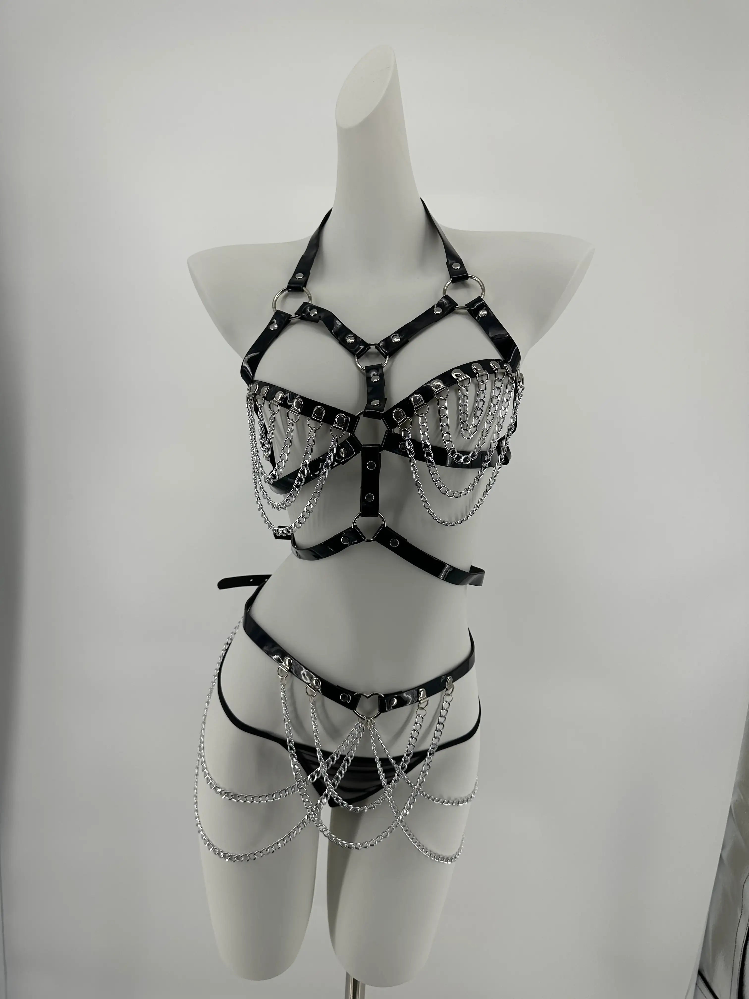 BDSM - 3 Pcs Black Leather Harness with Sexy Chains - Frisky Business Adult Sex Toys Shop