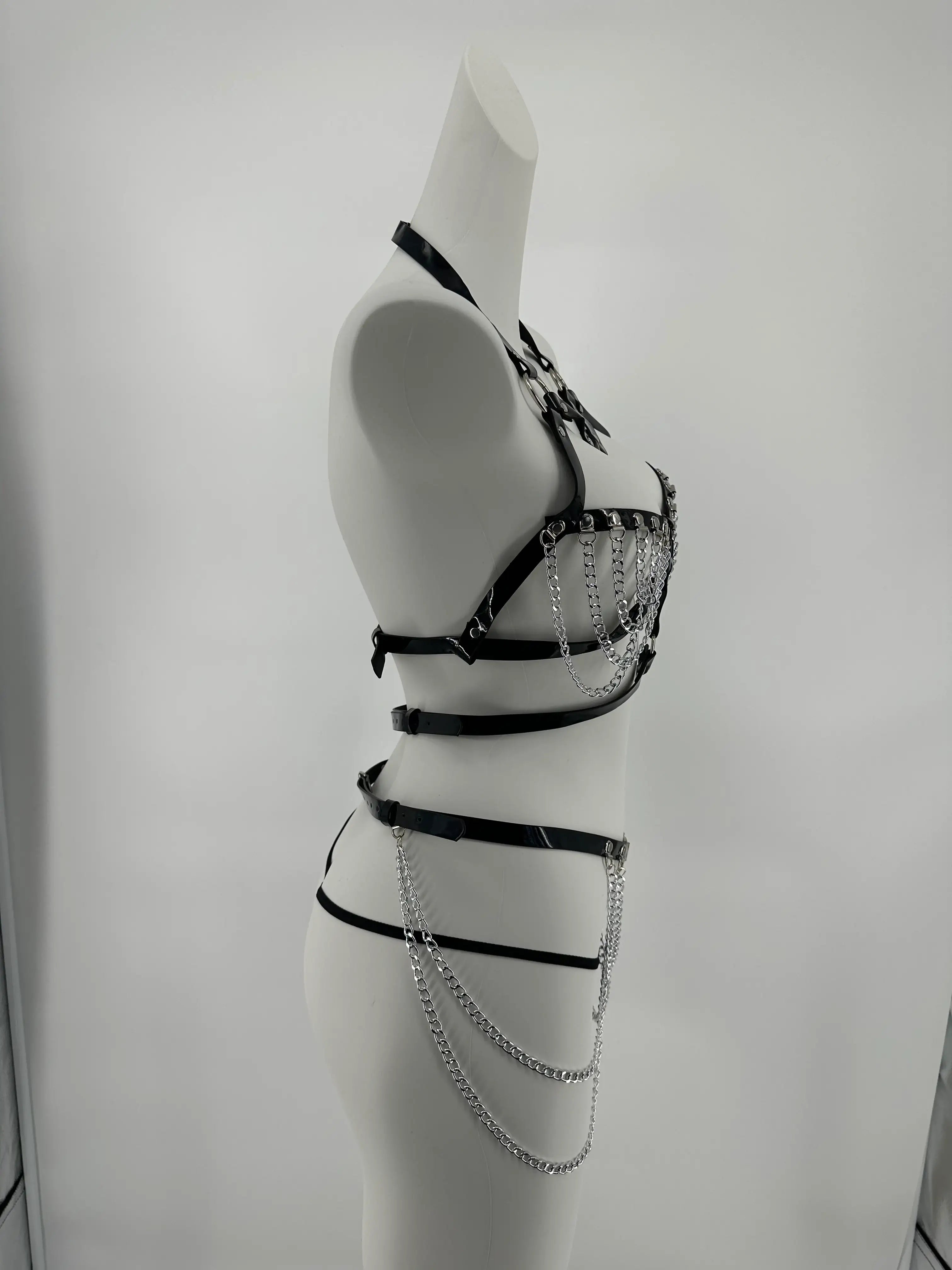 BDSM - 3 Pcs Black Leather Harness with Sexy Chains - Frisky Business Adult Sex Toys Shop