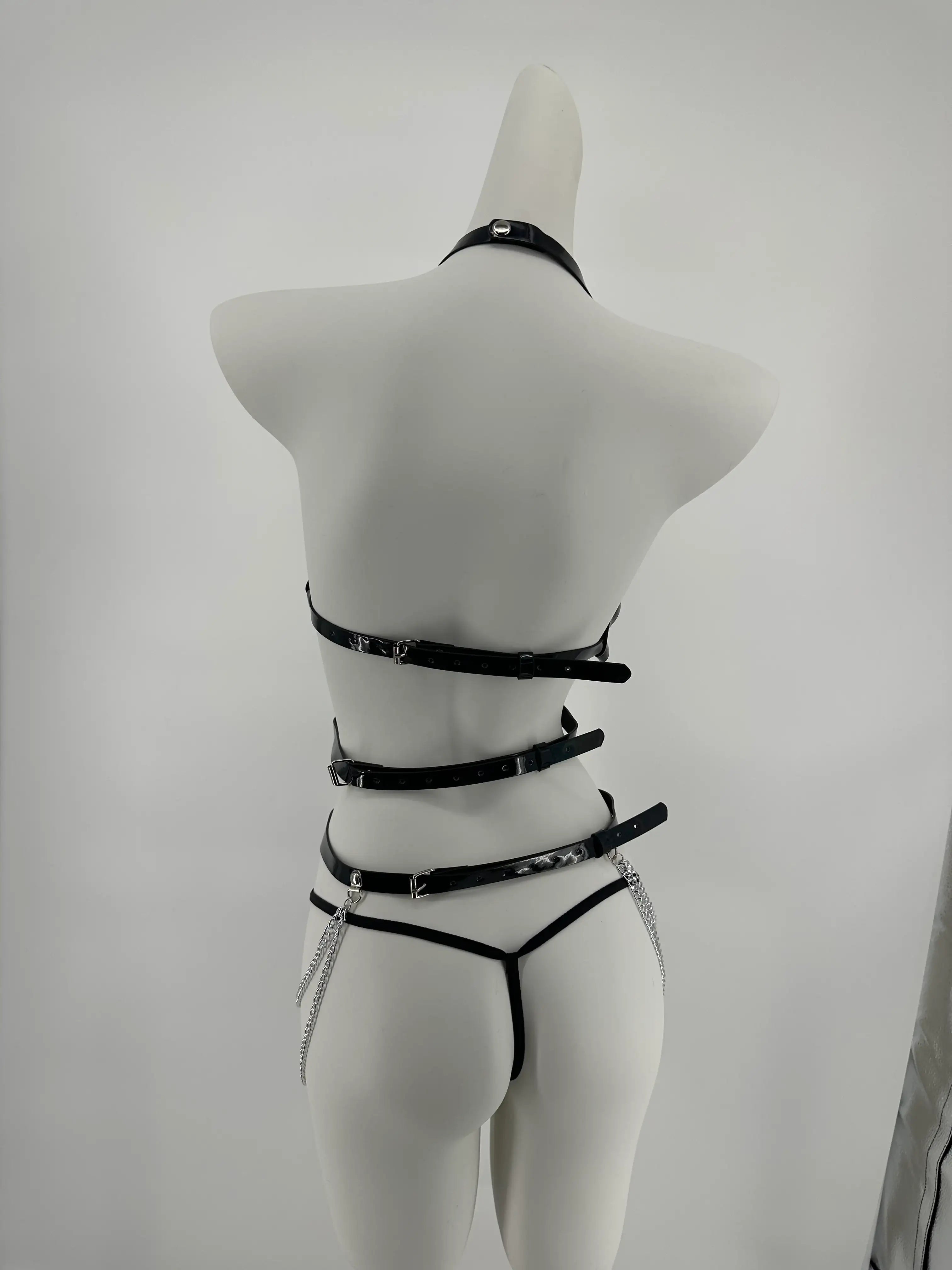 BDSM - 3 Pcs Black Leather Harness with Sexy Chains - Frisky Business Adult Sex Toys Shop