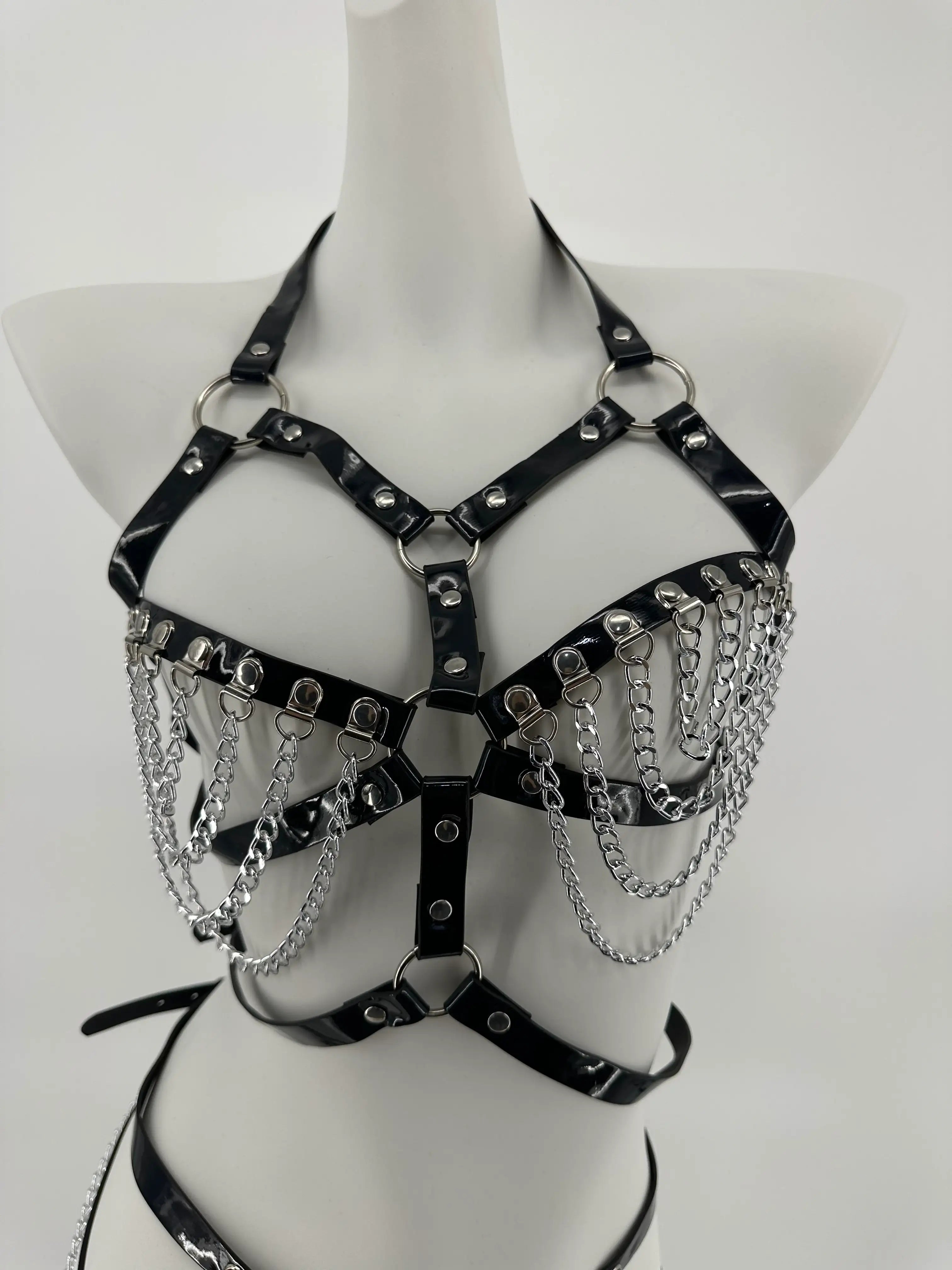 BDSM - 3 Pcs Black Leather Harness with Sexy Chains - Frisky Business Adult Sex Toys Shop