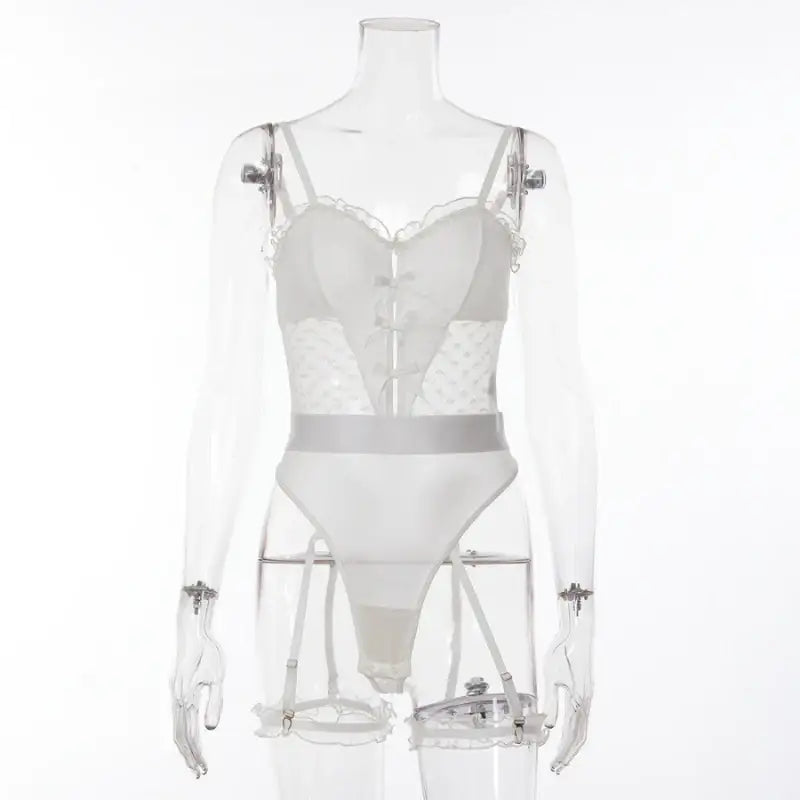Teddy - 1 Pc White Lace Sexy Female Lingerie with Ruffled Straps and Leg Garter - Frisky Business Adult Sex Toys Shop