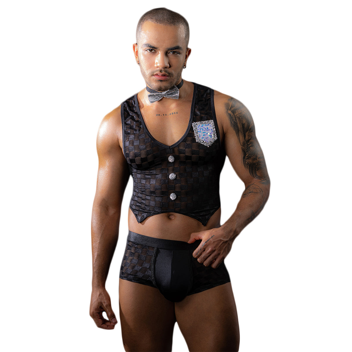 Gentsuit - 3 Pcs Checker Designed Male Waiter Costume with Boxer and Sexy Neck Collar