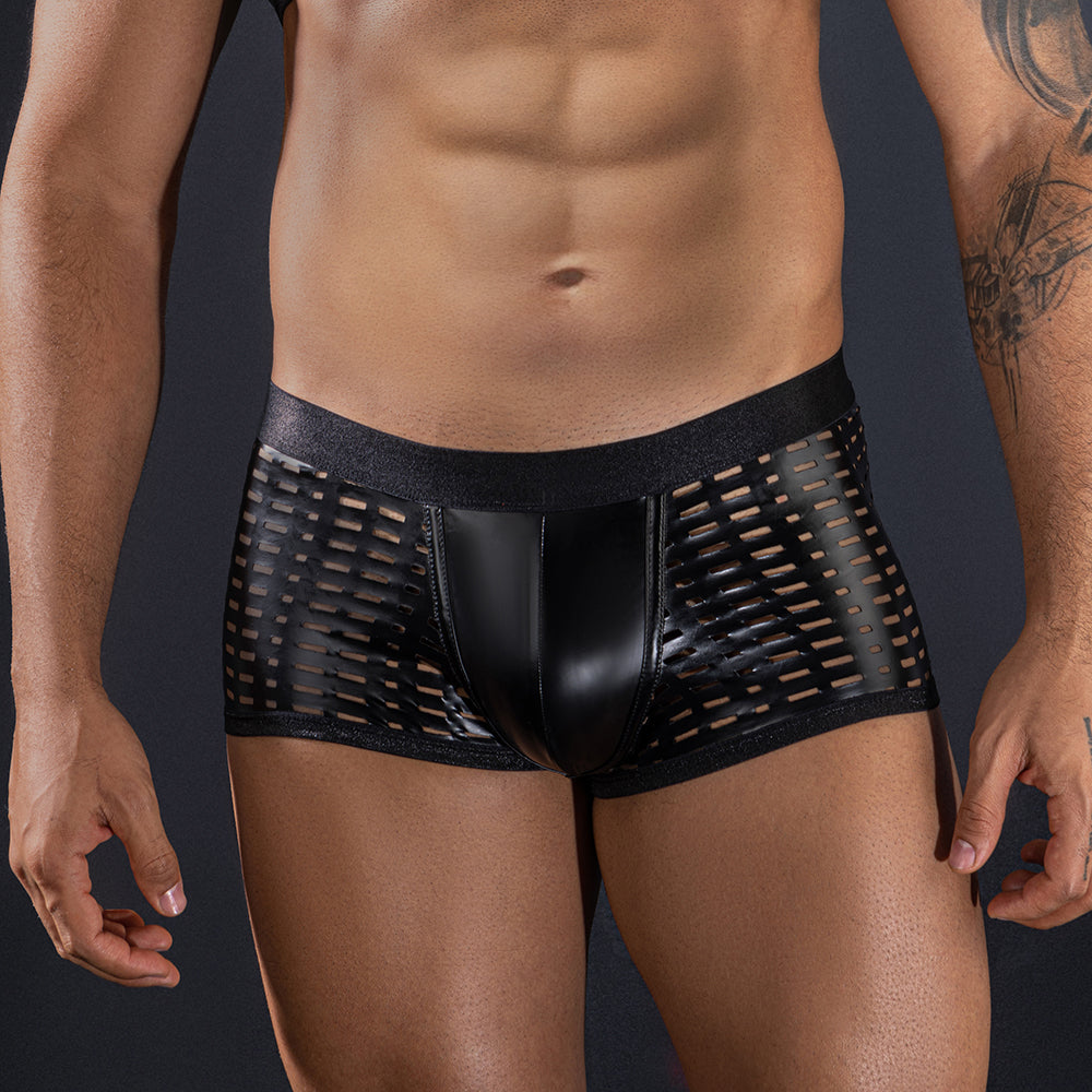 Skivvies - Black PU Leather Hollow Boxer Male Underwear