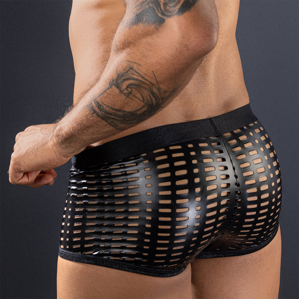 Skivvies - Black PU Leather Hollow Boxer Male Underwear