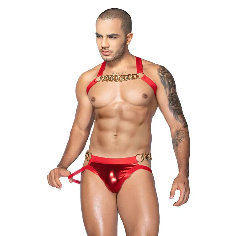 Gentsuit - 2 Pcs Hot Red Elastic Male Chained Sleepwear - Frisky Business Adult Sex Toys Shop