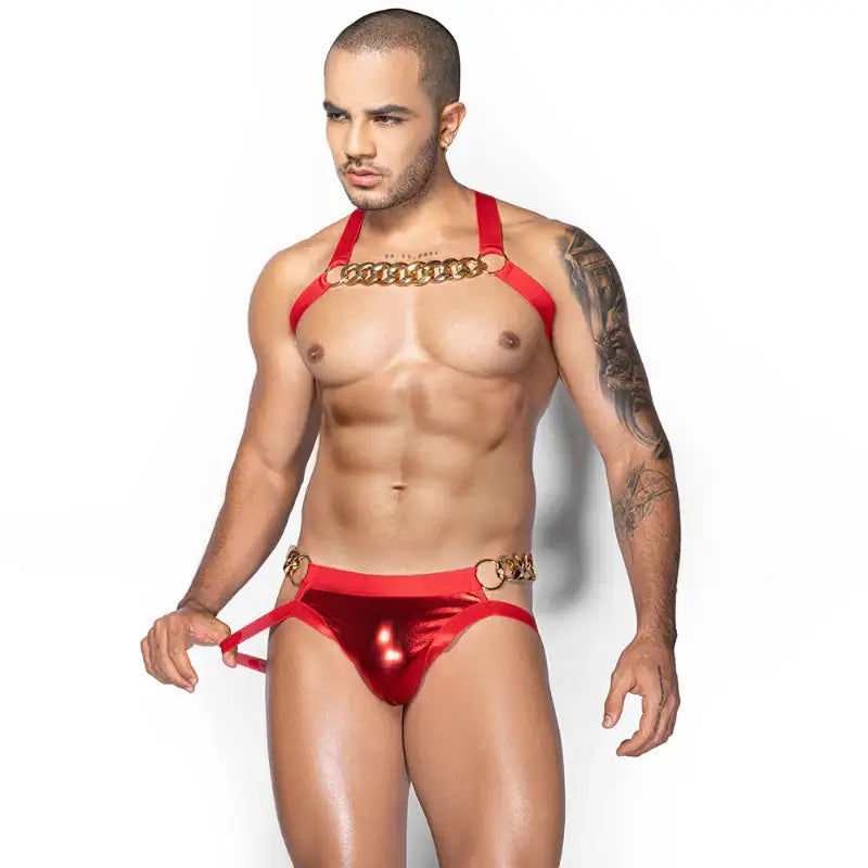 Gentsuit - 2 Pcs Hot Red Elastic Male Chained Sleepwear - Frisky Business Adult Sex Toys Shop