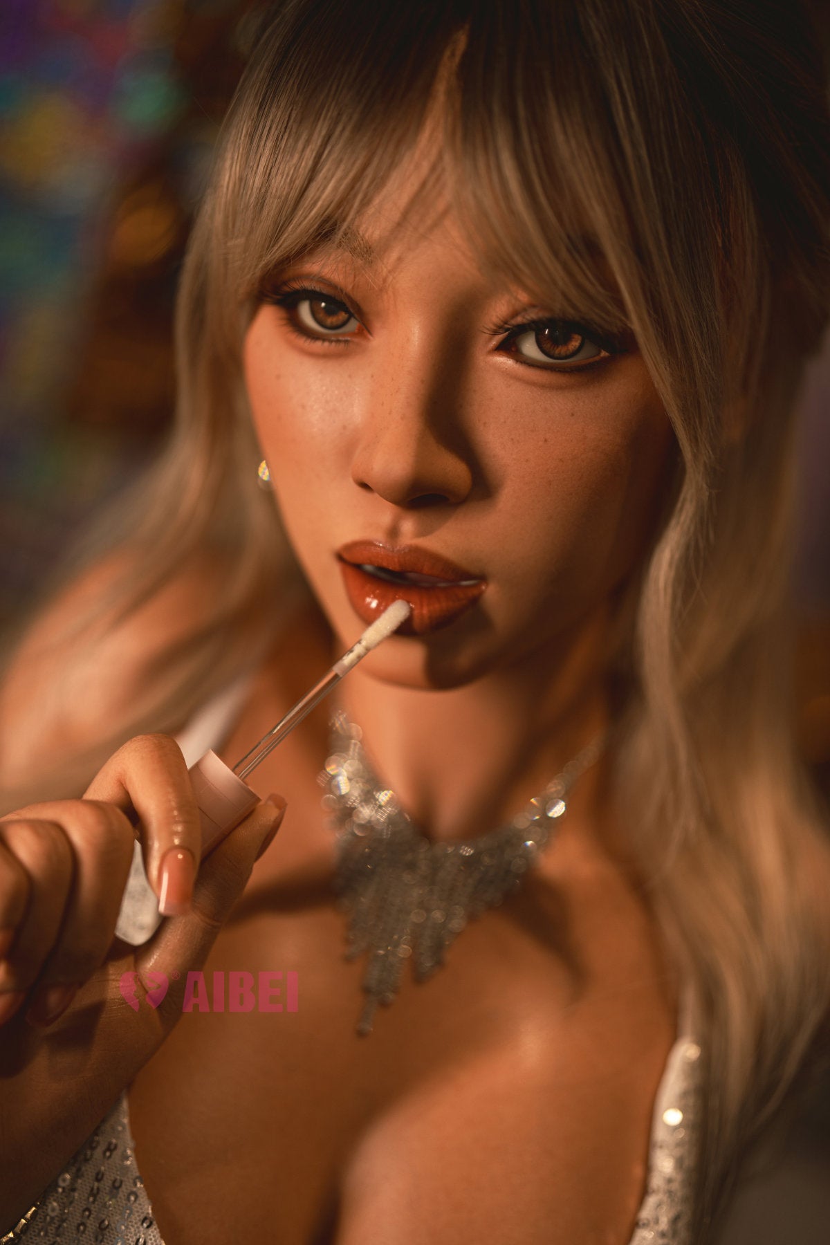 Close-up face and bust portrait of the Aibei Doll 150 cm F Luxe Silicone - Roxy with a lip gloss.