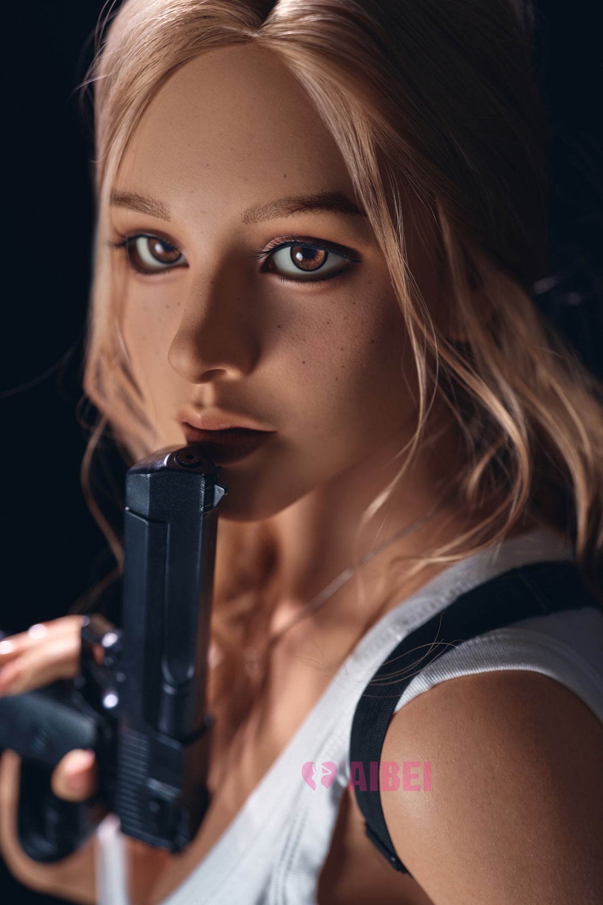 Close-up shot of Aibei Doll 150 cm F Silicone - Clara wearing a white tank top and denim shorts while holding a rifle.