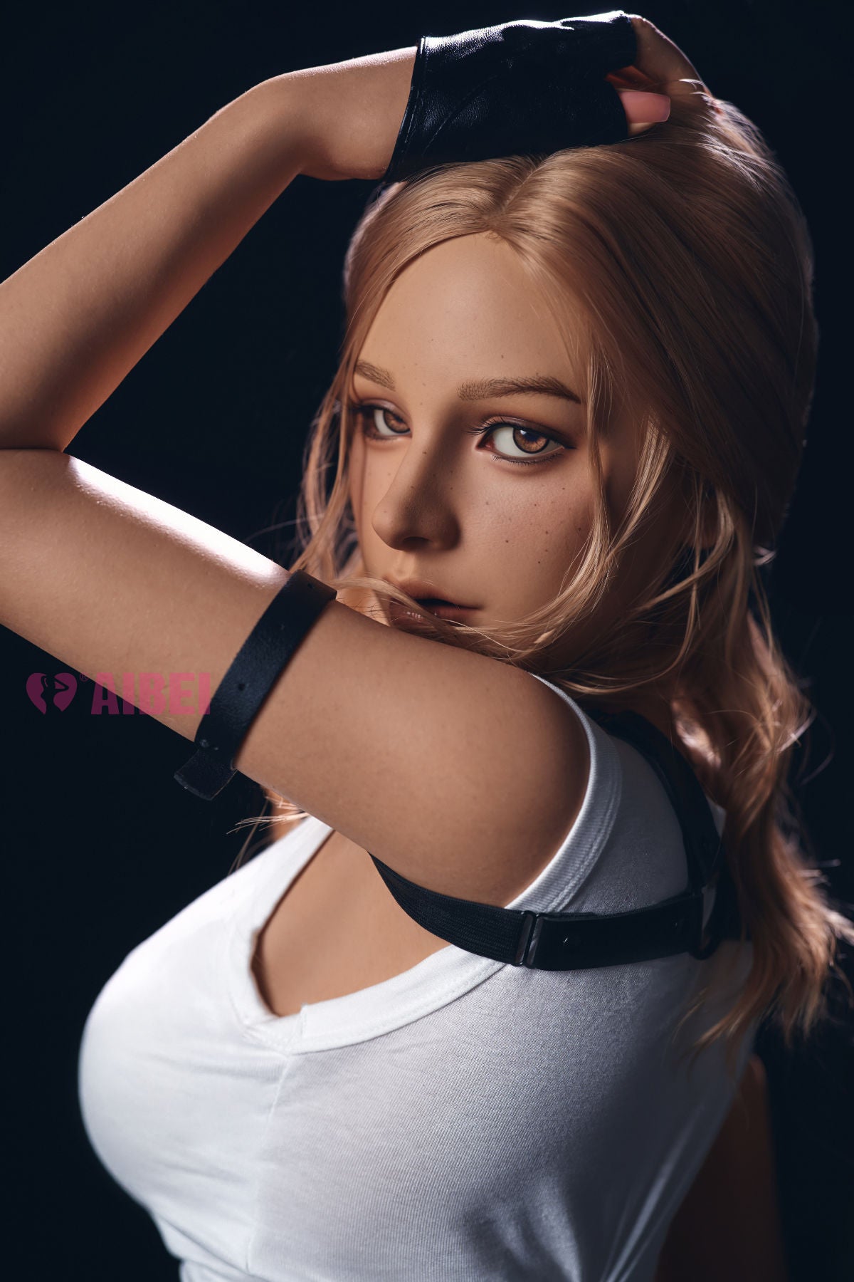 Aibei Doll 150 cm F Silicone - Clara wearing a white tank top and denim shorts while holding a rifle.