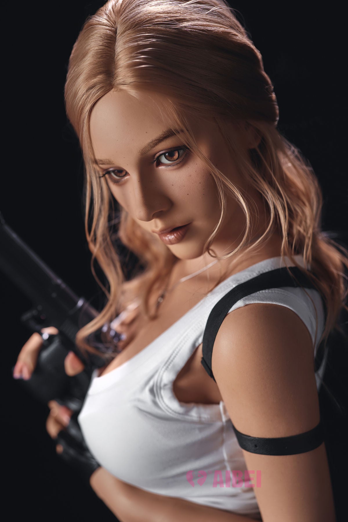 Aibei Doll 150 cm F Silicone - Clara holding a rifle against a dark background