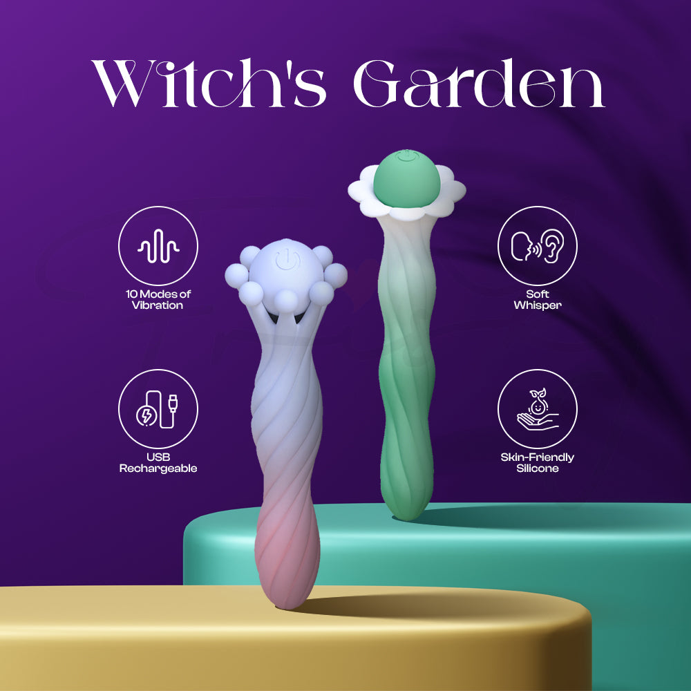 Witch’s Garden dual vibrator displayed beside elegant feature icons on purple background