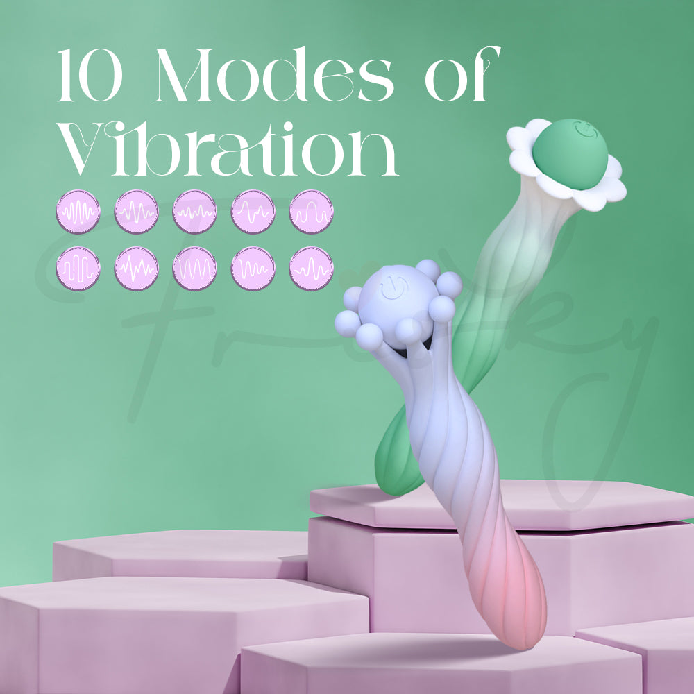 Dual vibrator showcasing 10 vibration modes with elegant pastel aesthetic presentation