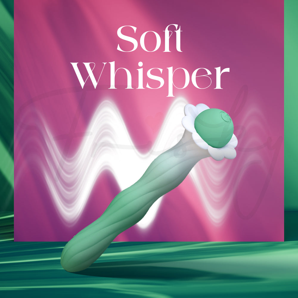 Whisper-quiet vibrator resting on silky fabric with soft glowing visual effect