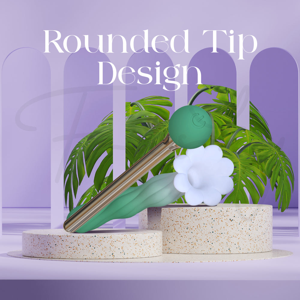 Rounded-tip vibrator designed for smooth comfortable insertion beside decorative floral accents