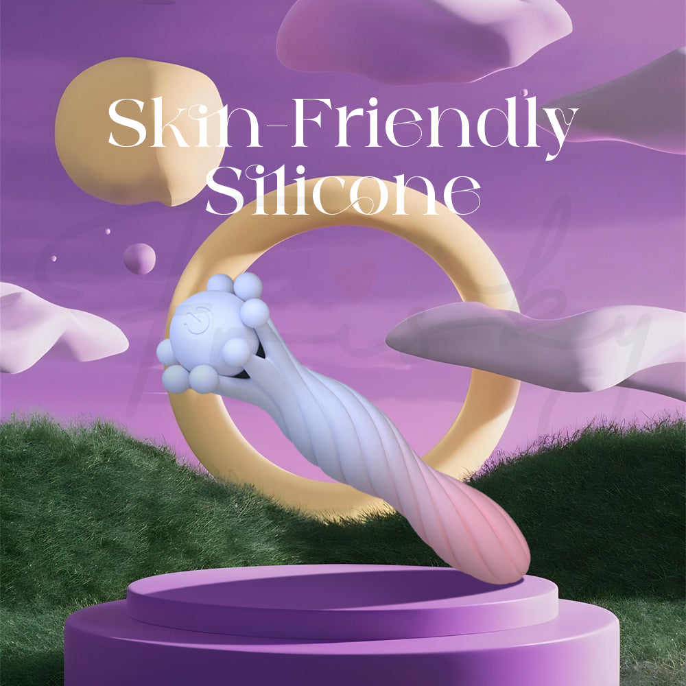 Soft silicone vibrator with flexible body-safe material displayed in elegant pastel setting