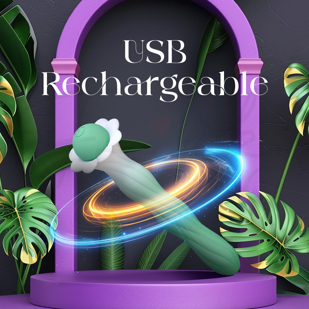USB rechargeable vibrator with glowing charging cable and tropical-inspired decorative background