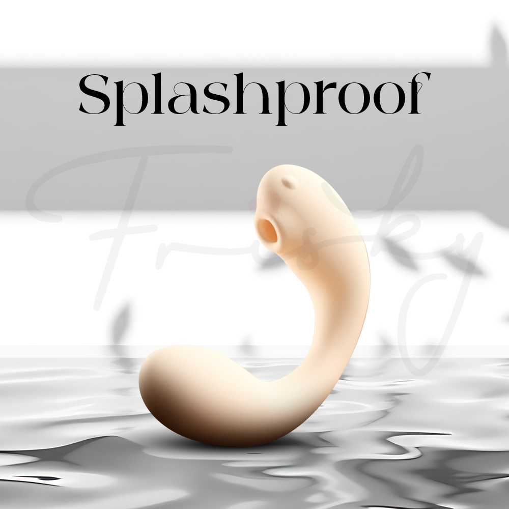 Splashproof wearable vibrator displayed with water splash for durability feature