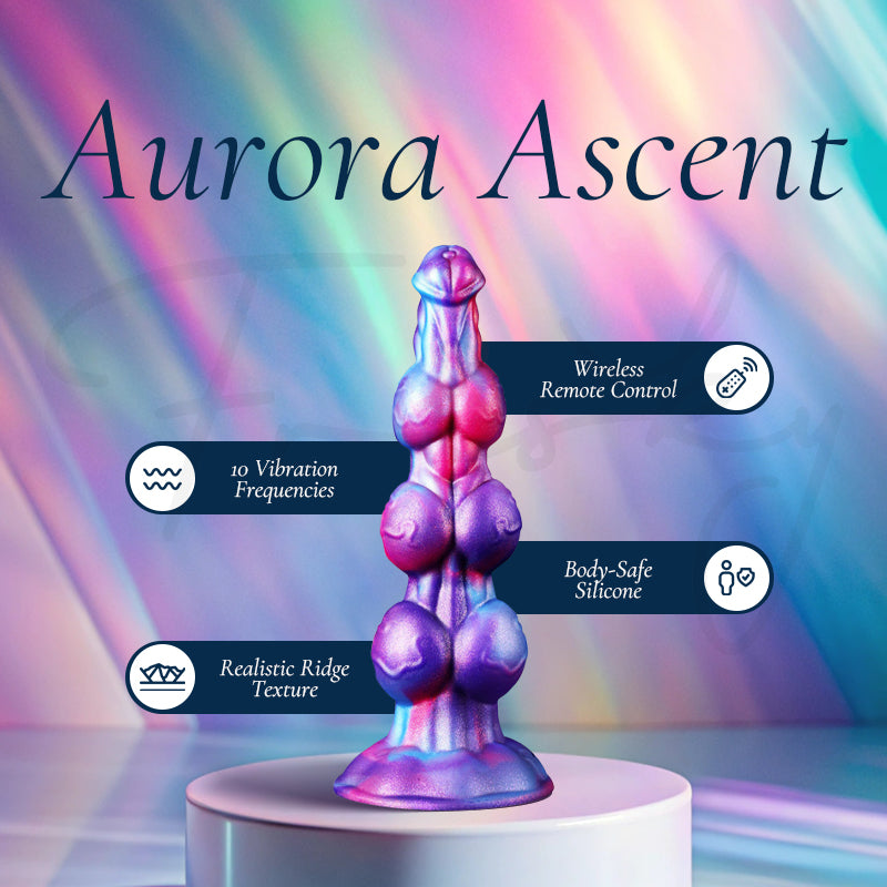 Aurora Ascent: anal plug on a pedestal against a shimmering holographic backdrop, with labels for its key features