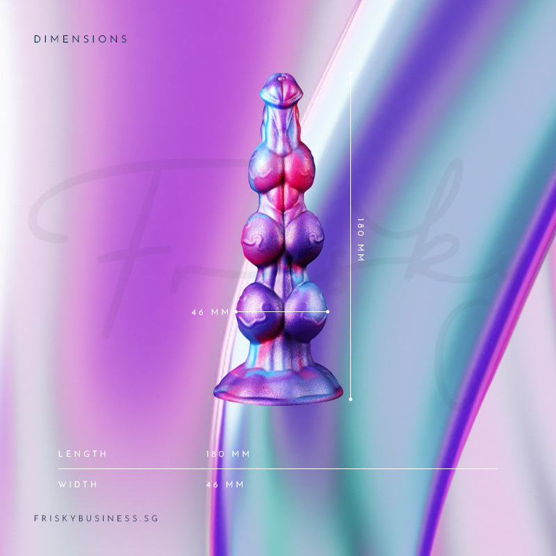 Aurora Ascent: full-length view of the aal plug on an iridescent purple background, with lines marking its size