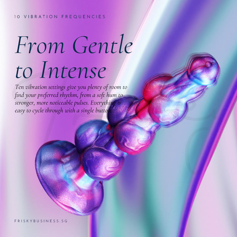Aurora Ascent: anal plug lying at an angle, showing settings that range from gentle to intense