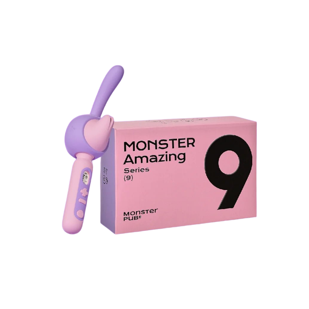 Purple dual-action wand vibrator with curved tip beside branded pink box