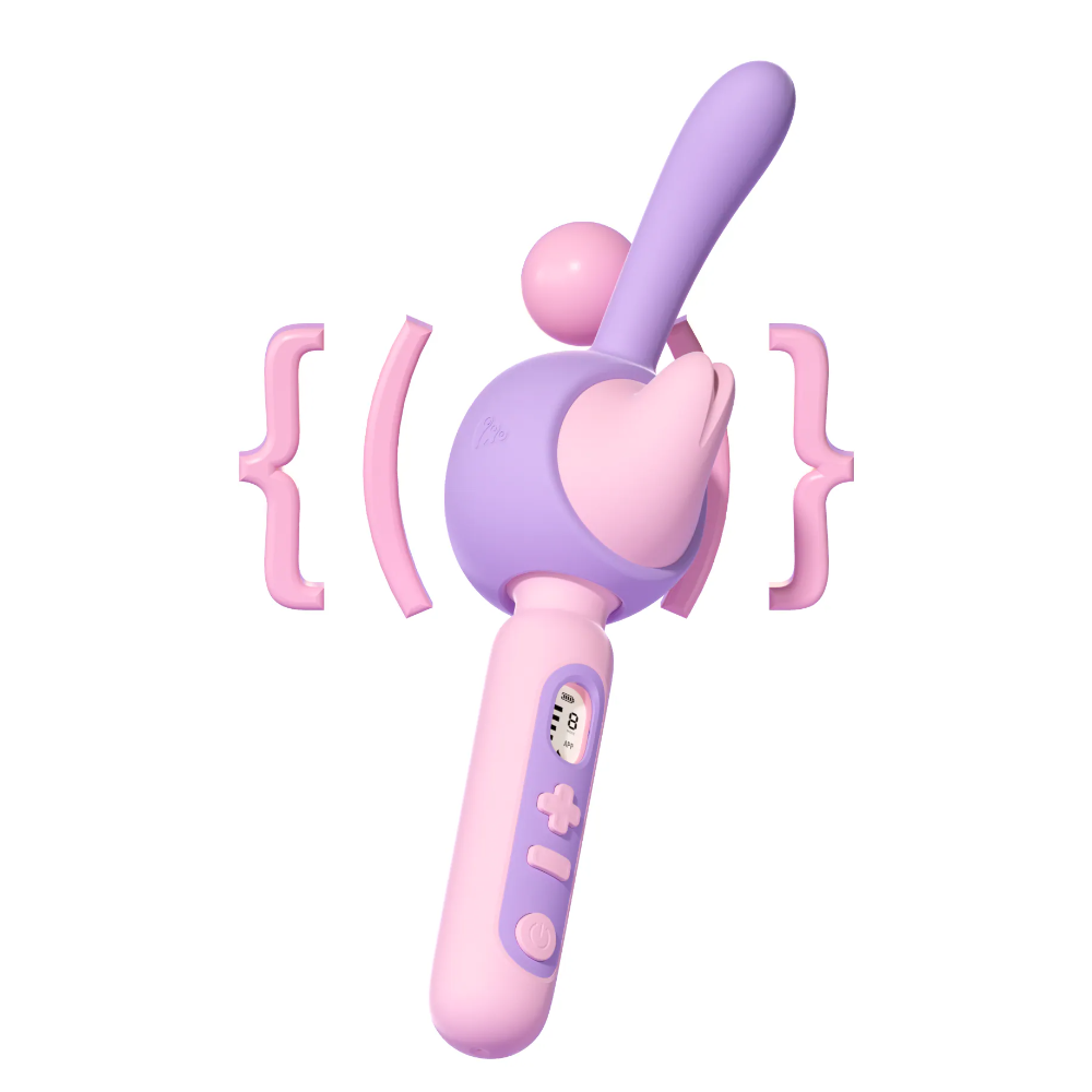 Wand vibrator showing vibration function with motion lines around the head