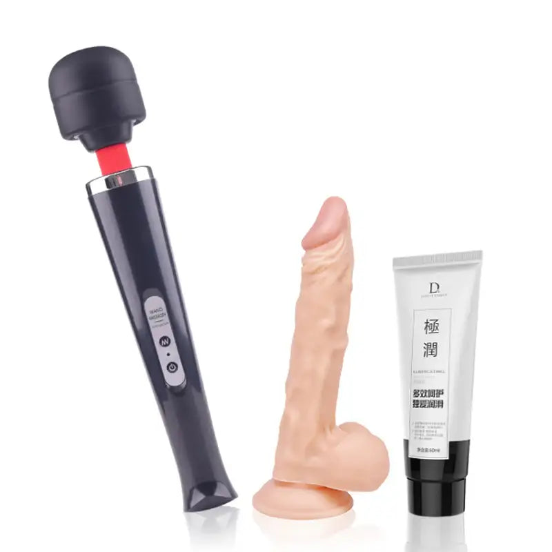 Bundle and Save - Dildo, Large Wand Vibrator, Lubricant - Frisky Business Adult Sex Toys Shop