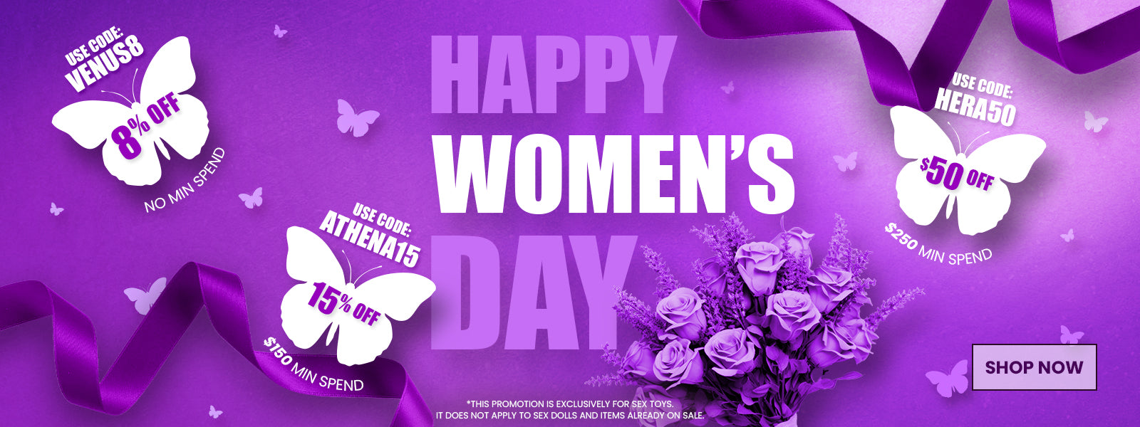 Promotional banner for Women's Day with discounts and flowers on a purple background