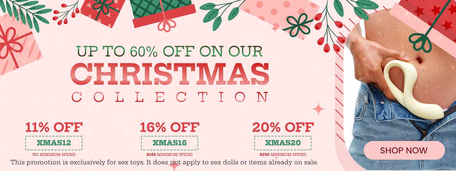 Promotional banner for Christmas collection with discounts and a 'Shop Now' button.