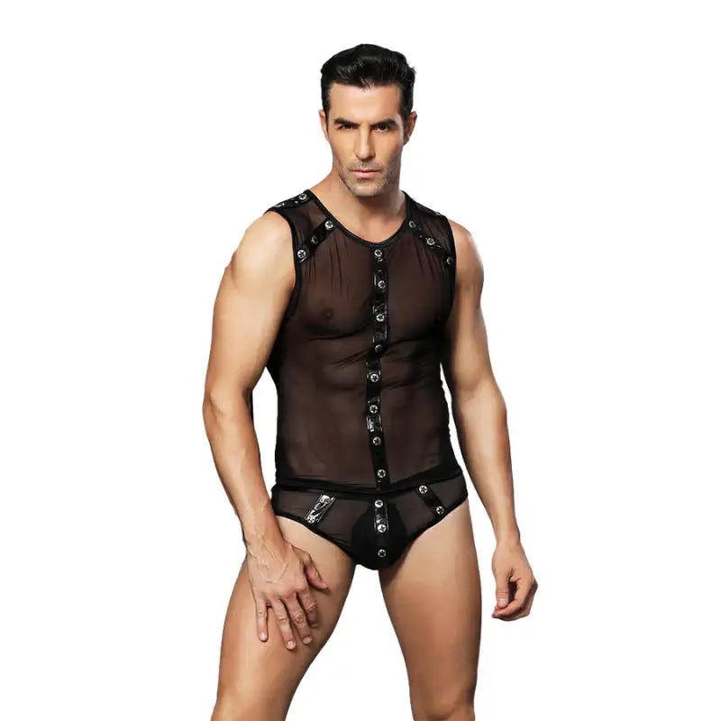Gentsuit - 2 Pcs Black Mesh Semi-Transparent Male Fancy Costume with Boxer - Frisky Business Adult Sex Toys Shop