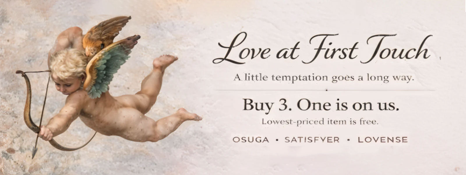 Advertisement with a classical-style cherub holding a bow and arrow, featuring text about a product offer.