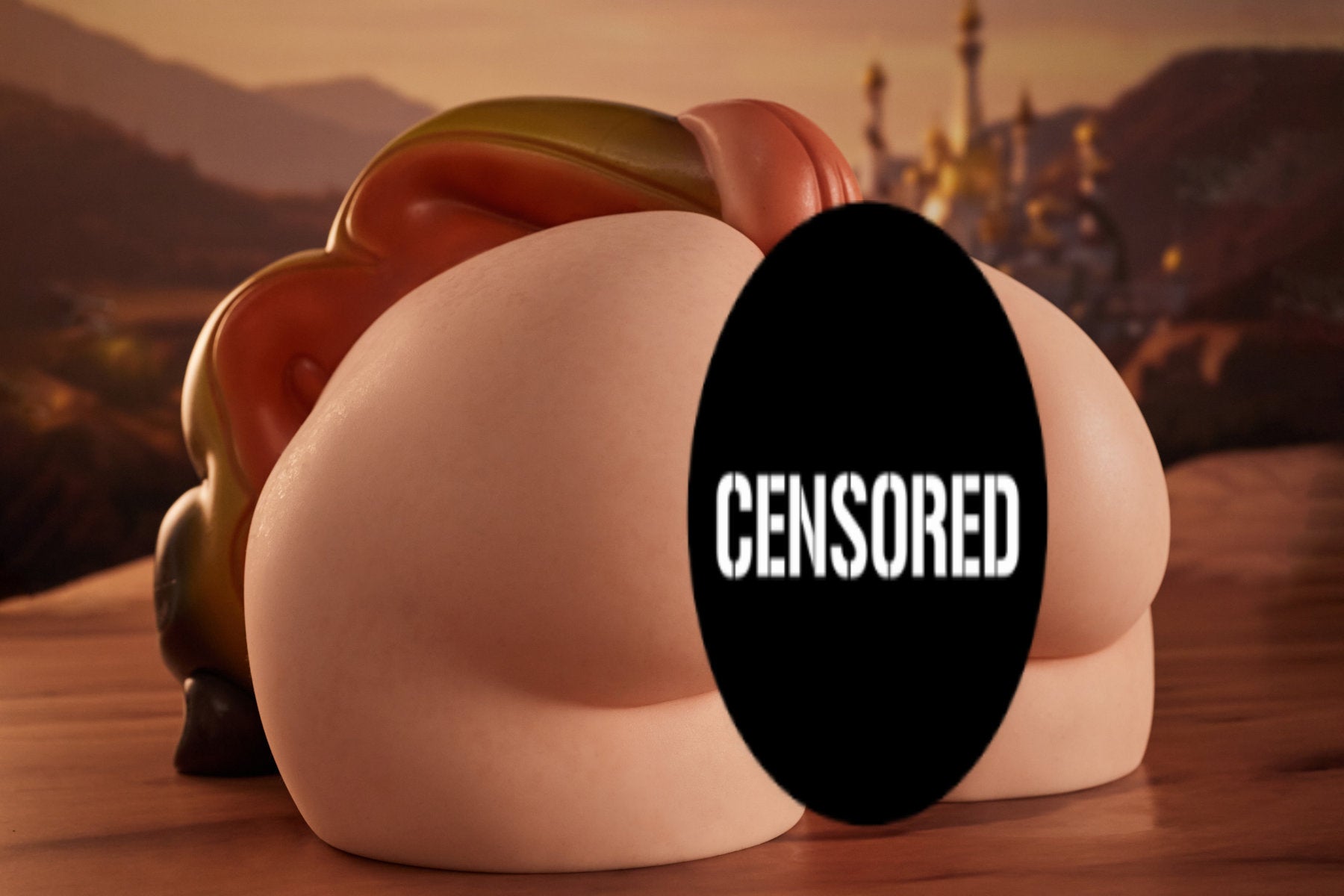 CLIMAX DOLL - PA-Peppy Silicone Butt Torso (Cinnamon) close-up rear angle view showing buttocks and openings, desert ruins background
