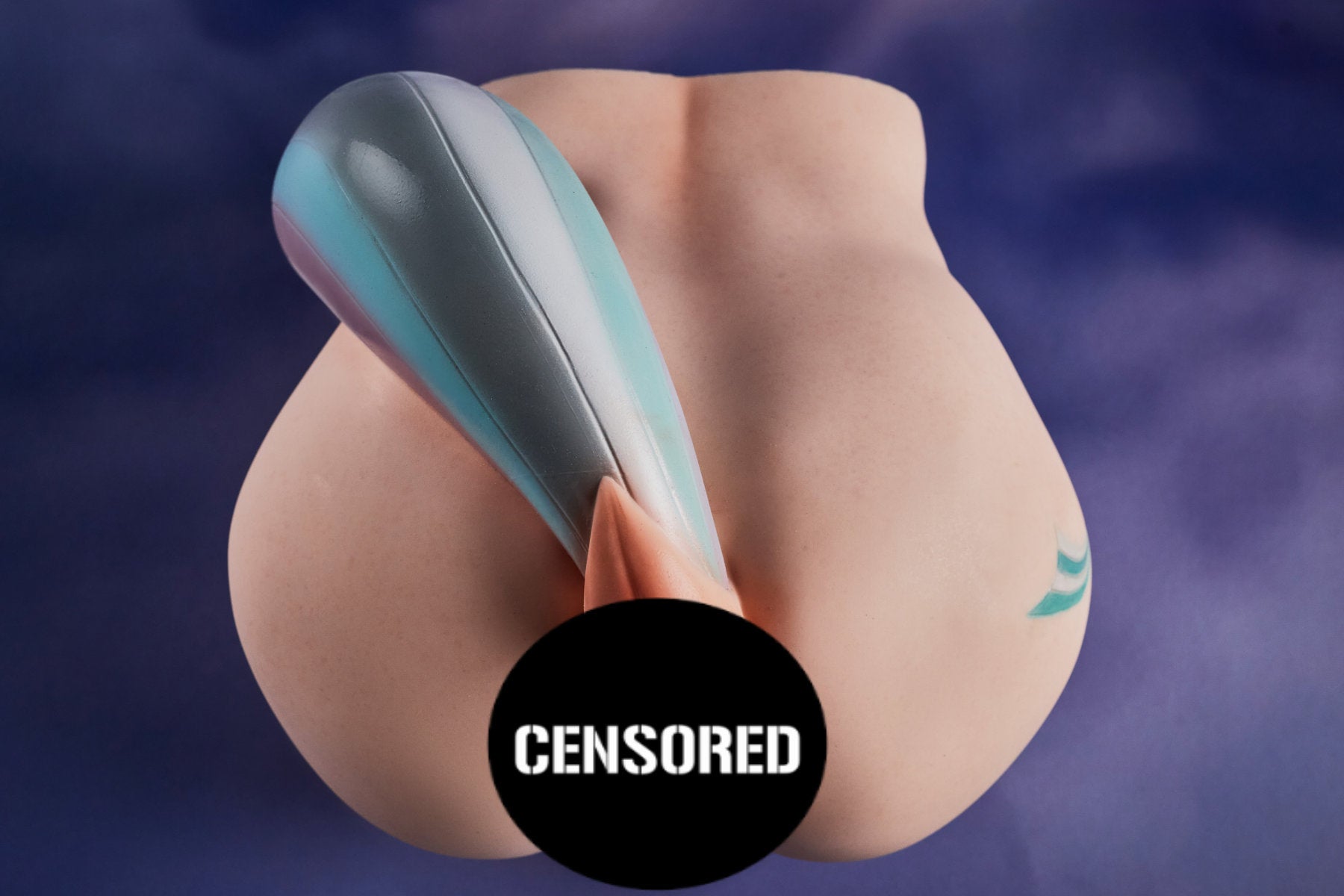 CLIMAX DOLL - PA-Razor Silicone Butt Torso (Cinnamon) close-up rear view showing buttocks and openings with teal and pink tail accessory, galaxy blue background

