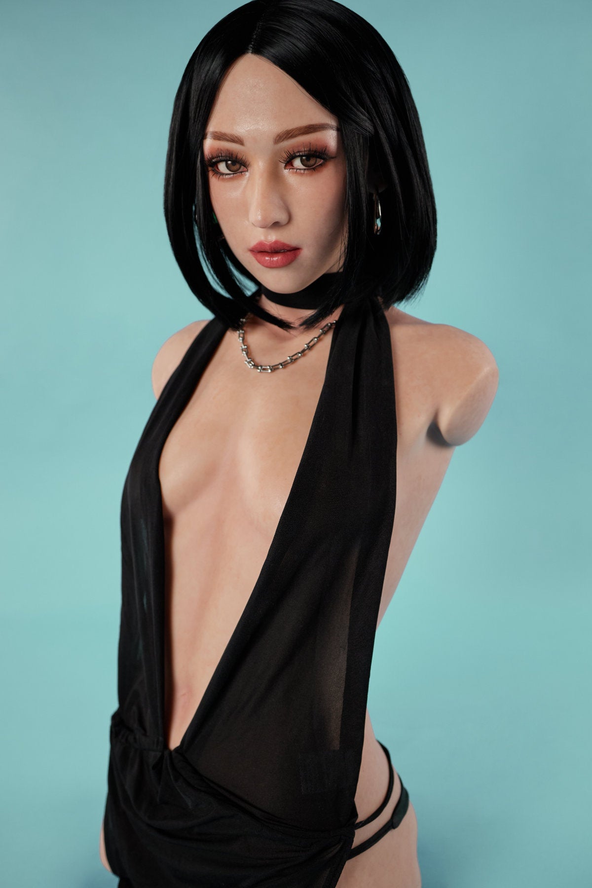 CLIMAX DOLL - ULW 661# Silicone Torso - Miyoshi (Natural) – three-quarter right view, black open-back dress, realistic face and bust detail