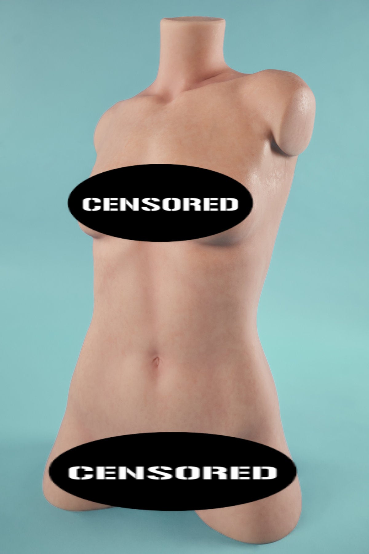 CLIMAX DOLL - ULW 661# Silicone Torso (Natural) – close-up frontal without dress, realistic bust and waist contours, light blue background