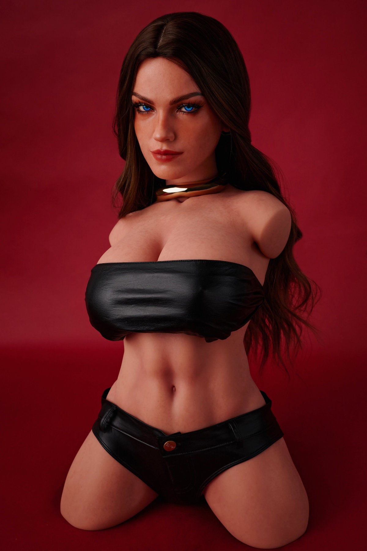 An angled, full-torso view of the CLIMAX DOLL - ULW 663# Silicone Torso - Emma (Black) wearing a black tube top and matching black shorts.