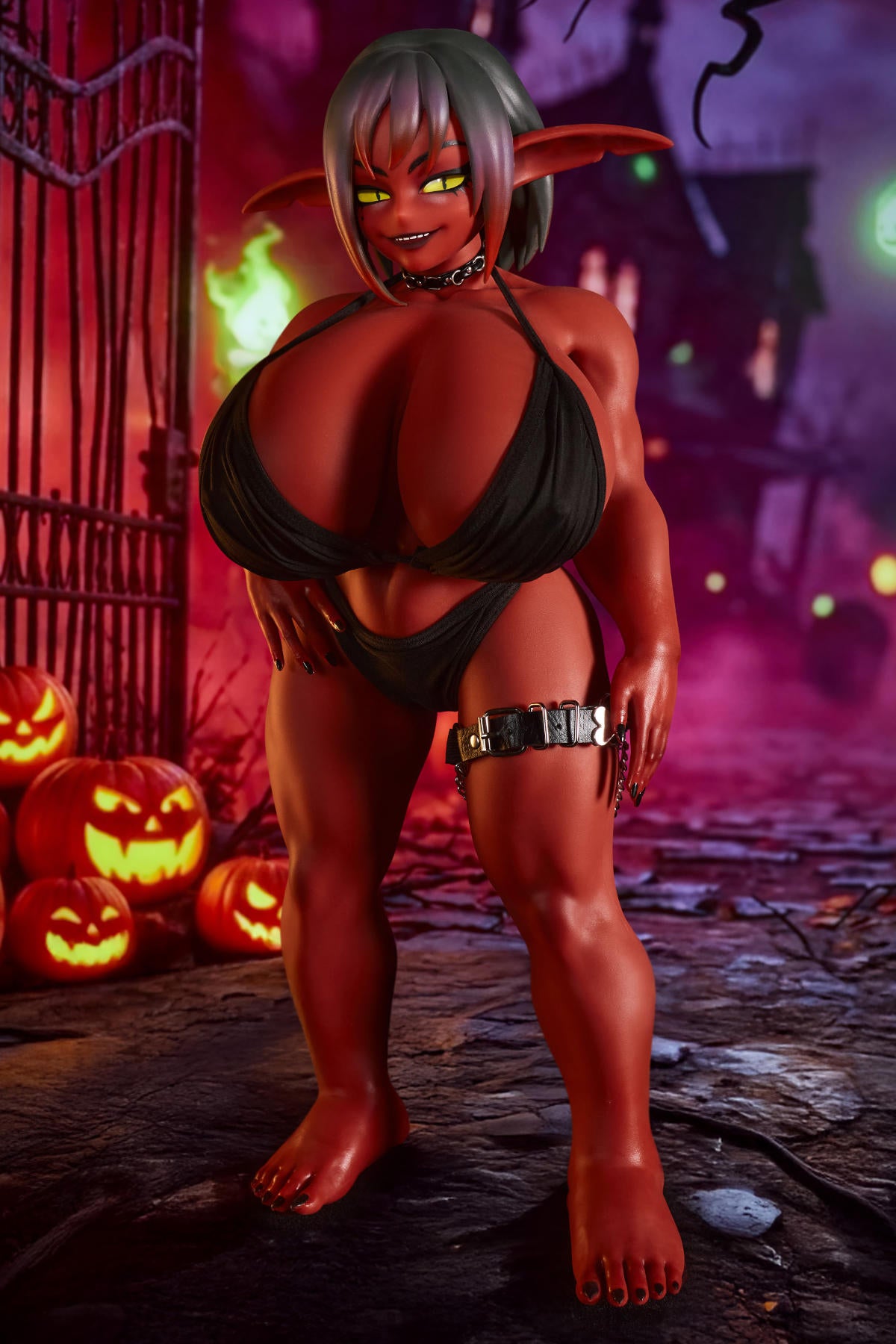 CLIMAX DOLL Mini Goblin Sex Doll Si70cm GB Zarga V2 – standing in a black bikini and thigh strap among glowing jack-o’-lanterns
