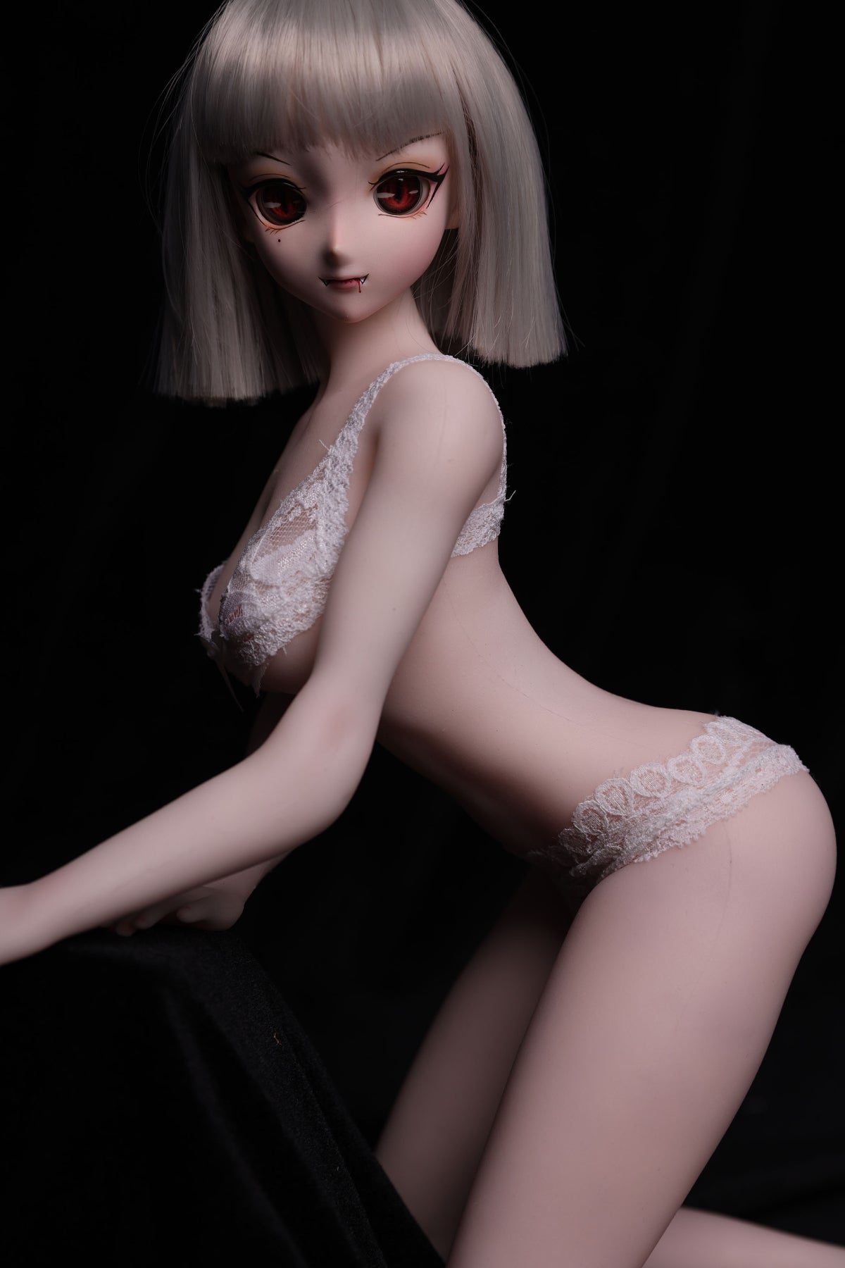 CLIMAX DOLL Mini J60 cm Hybrid - Gina (White) – side profile leaning forward in white lace lingerie