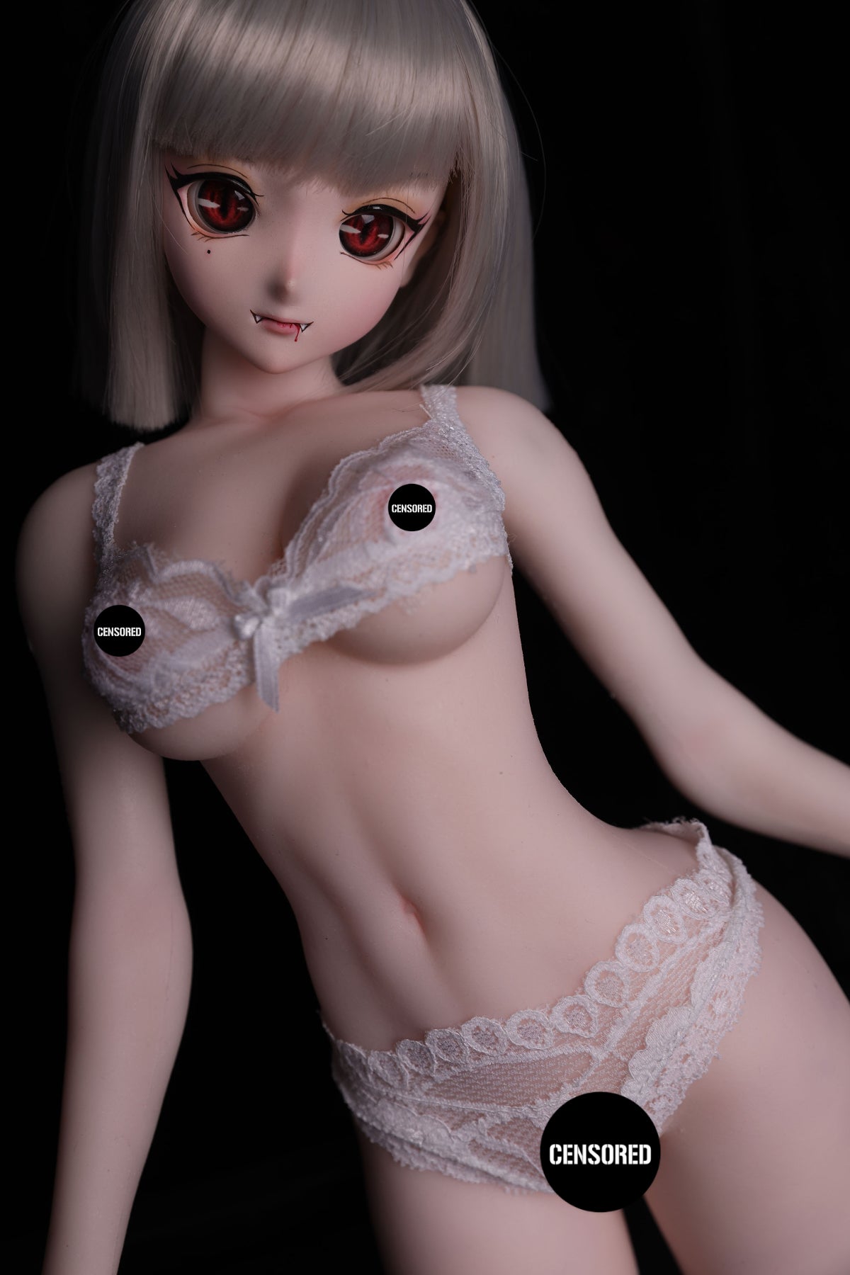 CLIMAX DOLL Mini J60 cm Hybrid - Gina (White) – front view in lace bra and panties against a black backdrop