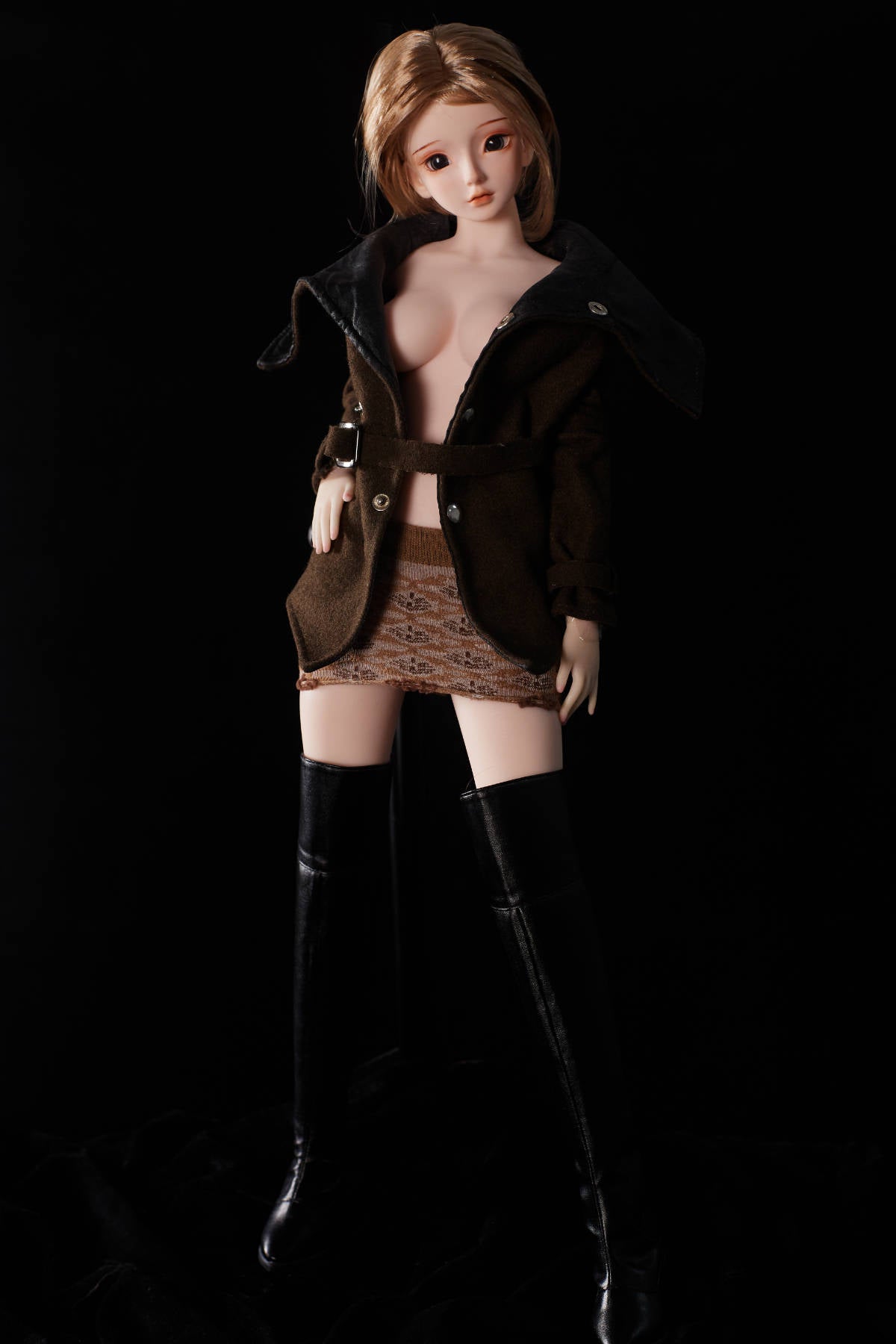 CLIMAX DOLL Mini J60 cm Hybrid - Miyabi (Cinnamon) – open coat with black boots, full-length view